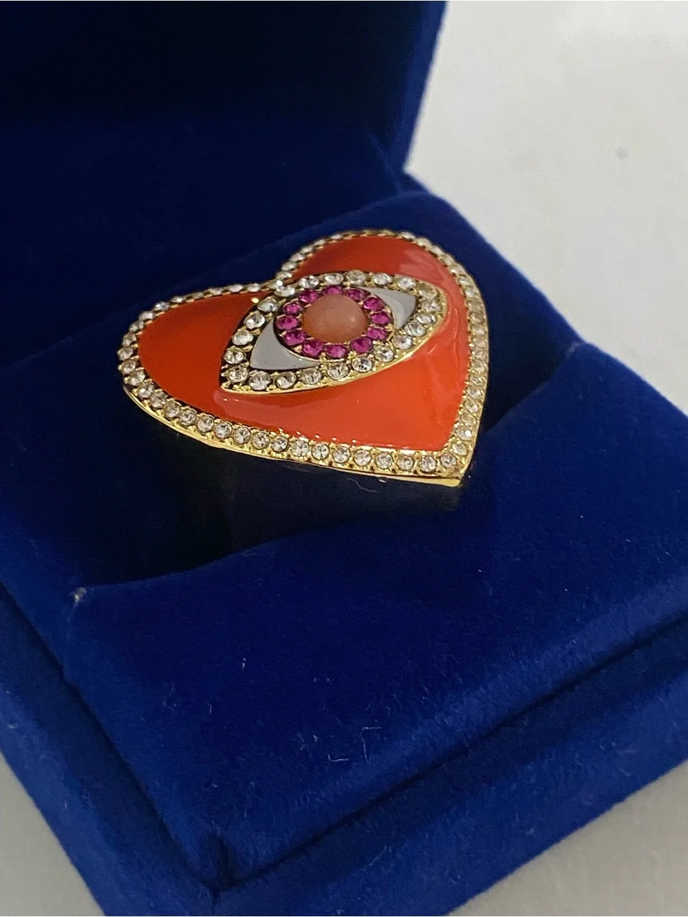 Kurt Geiger Evil Eye Heart Cocktail Ring Gold Tone Orange Enamel Size 7